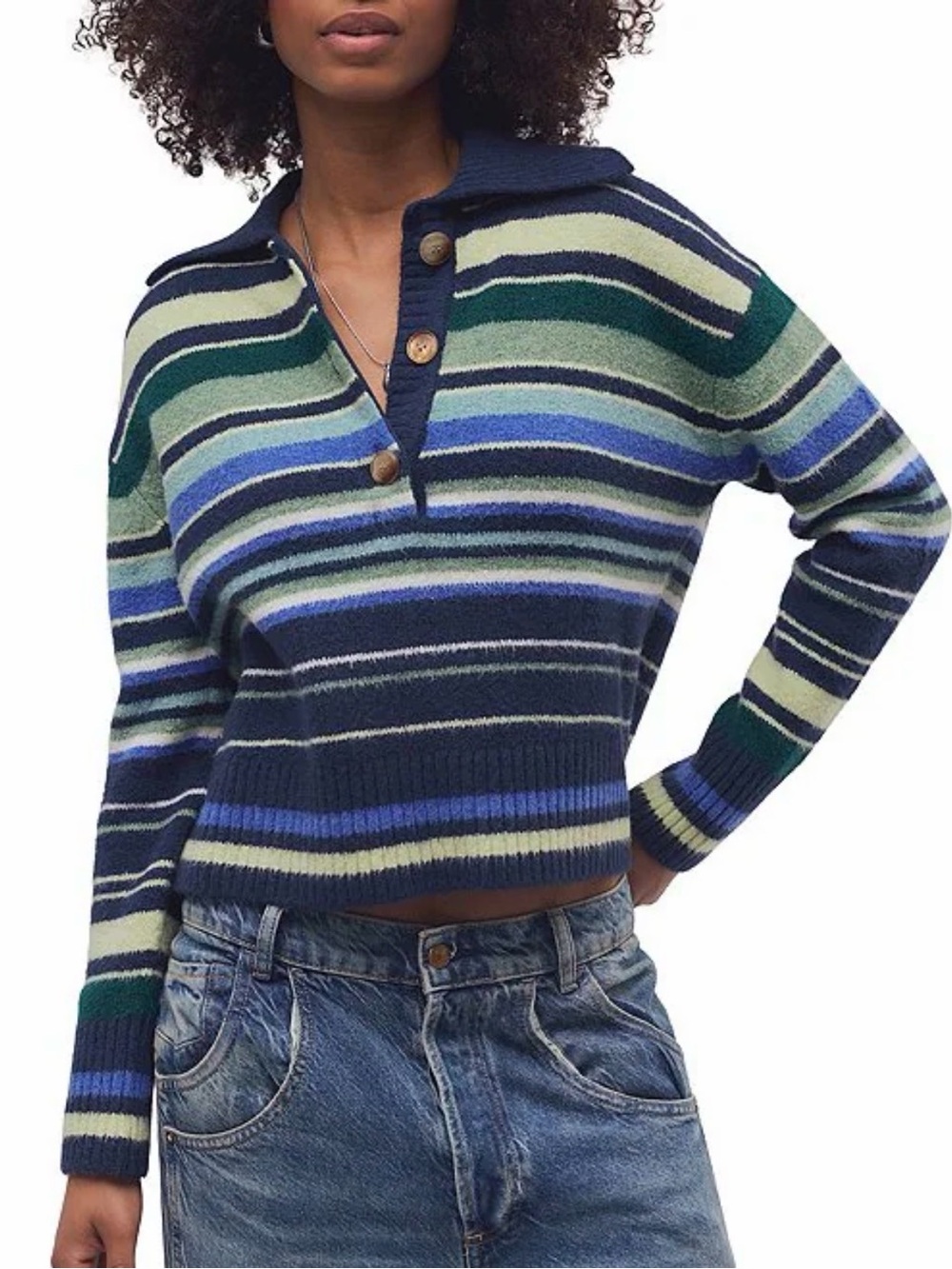 Free People Trading Up Striped Collared Long Sleeve Polo Sweater